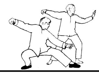 Tai Chi Chuan Two people practise martial arts in defensive stances, facing different directions, wearing loose clothing.