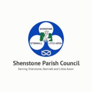 Shenstone Parish Council logo with text and an illustration of a church surrounded by clover-shaped elements.