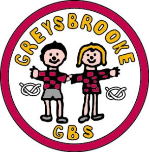 Greysbrooke Primary School Two cartoon children holding hands inside a red-bordered circle with “GREYSBROOKE GBS” text.